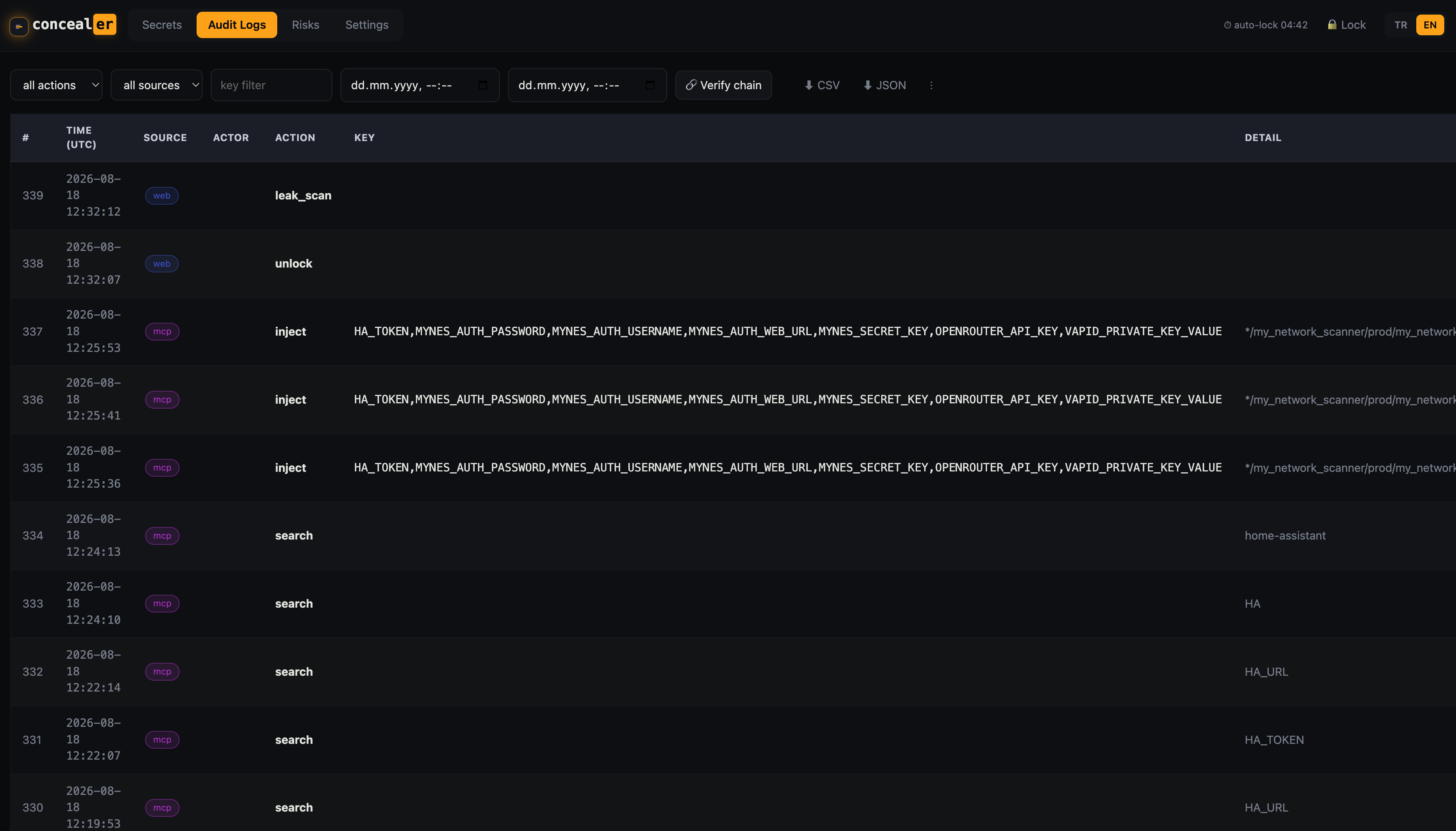 Audit log viewer with chain verification