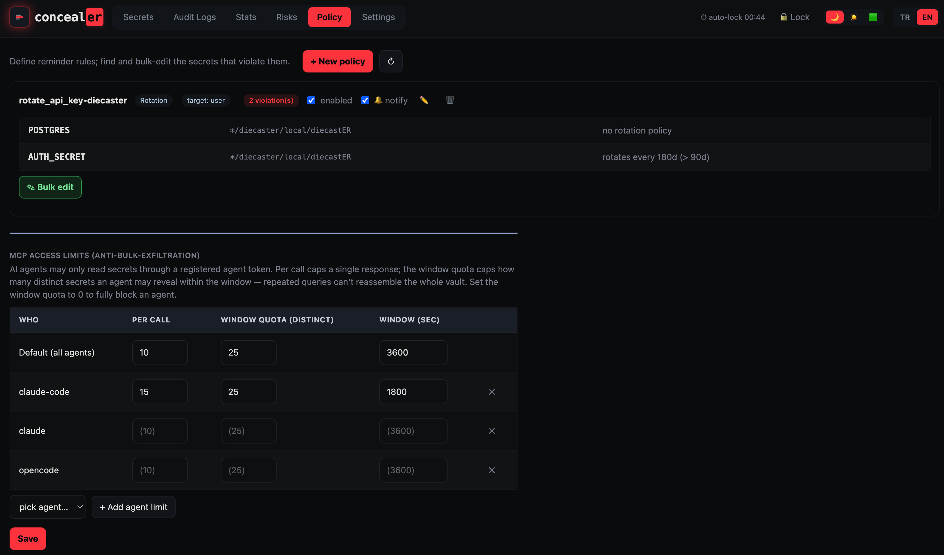 Policy — reminder rules, violations, and MCP access limits