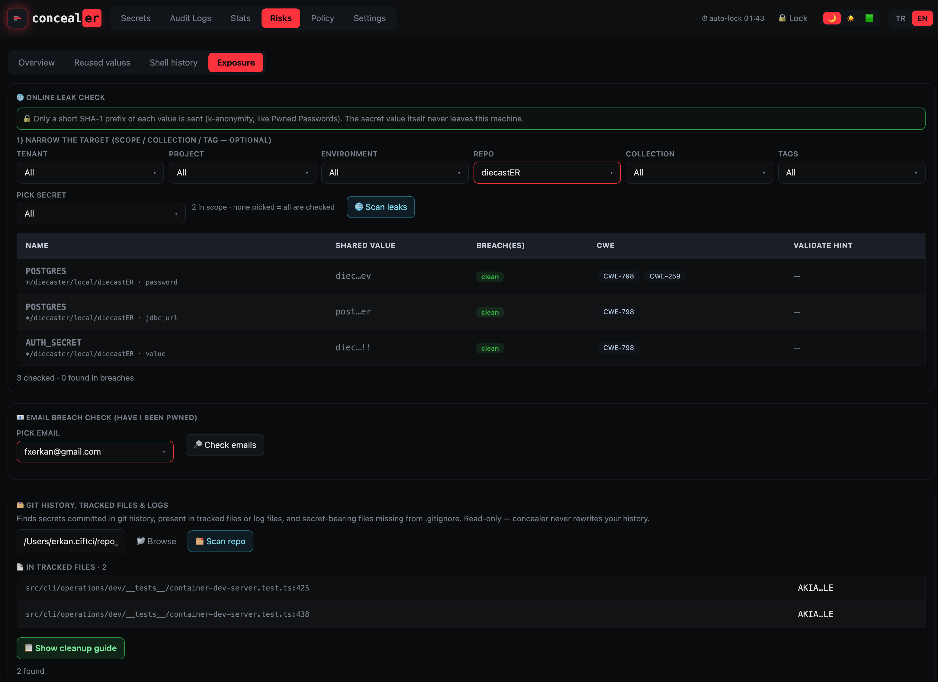 Exposure — online leak check, email breach, and git/log scan