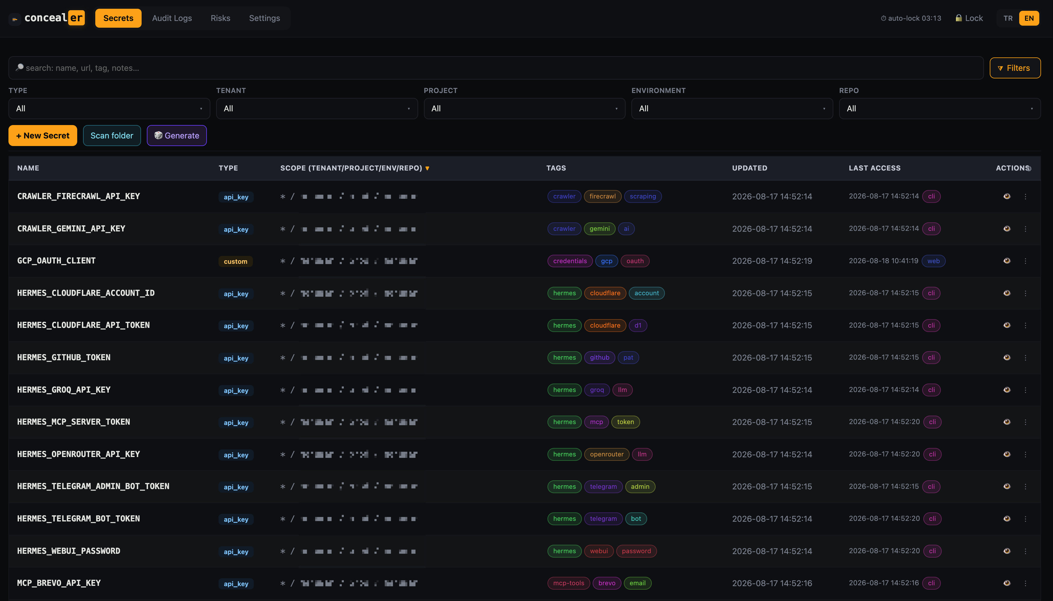 concealer Web UI — searchable, scoped secrets