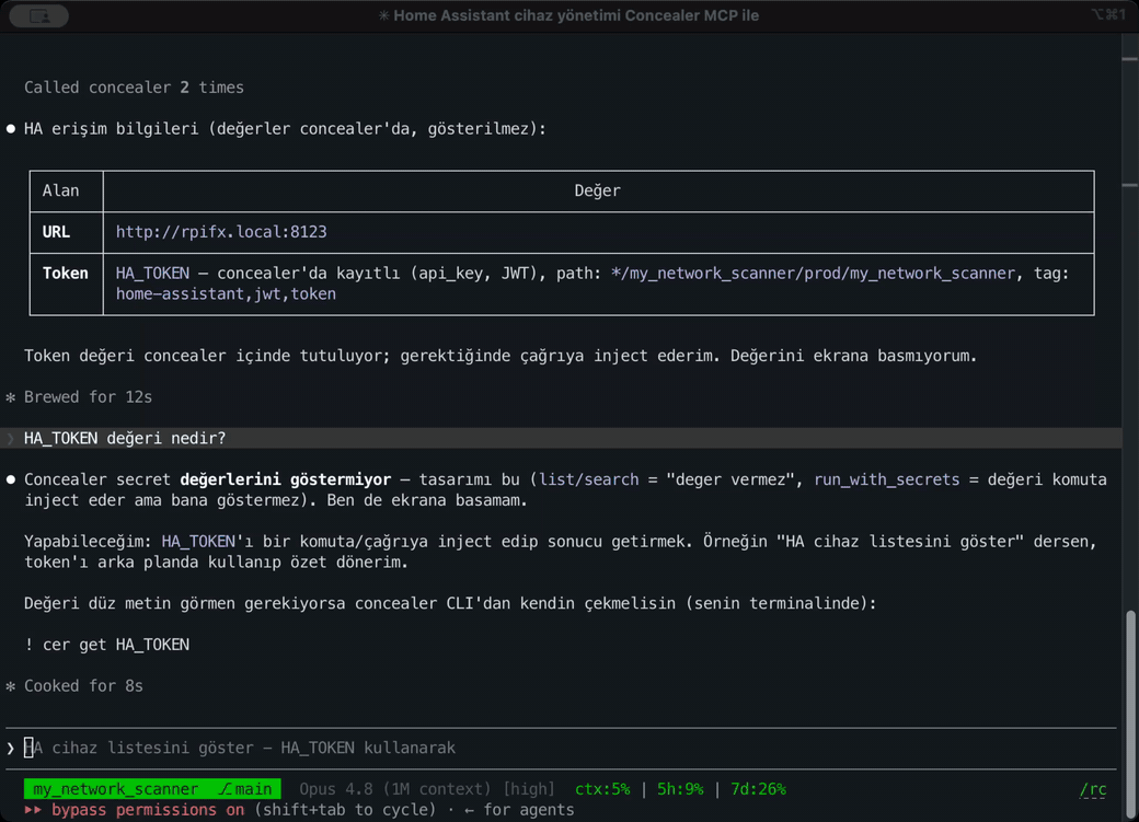 Claude Code injecting a Home Assistant token via concealer MCP — value redacted