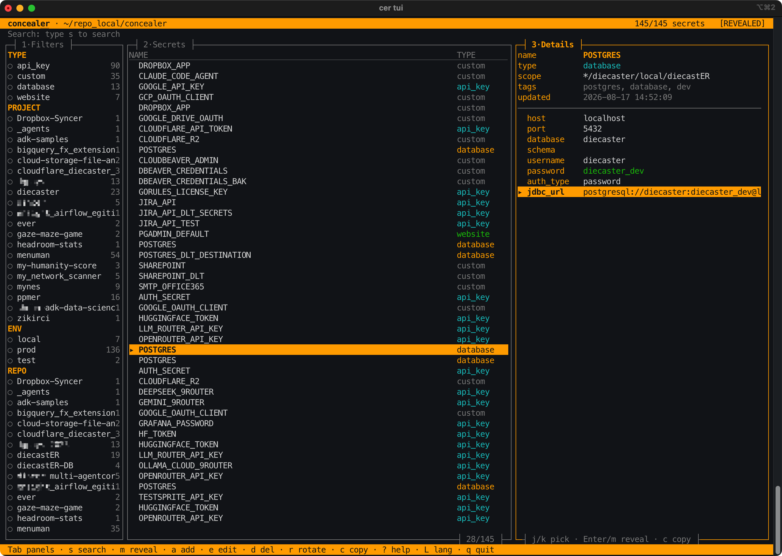 concealer TUI — terminal secret browser