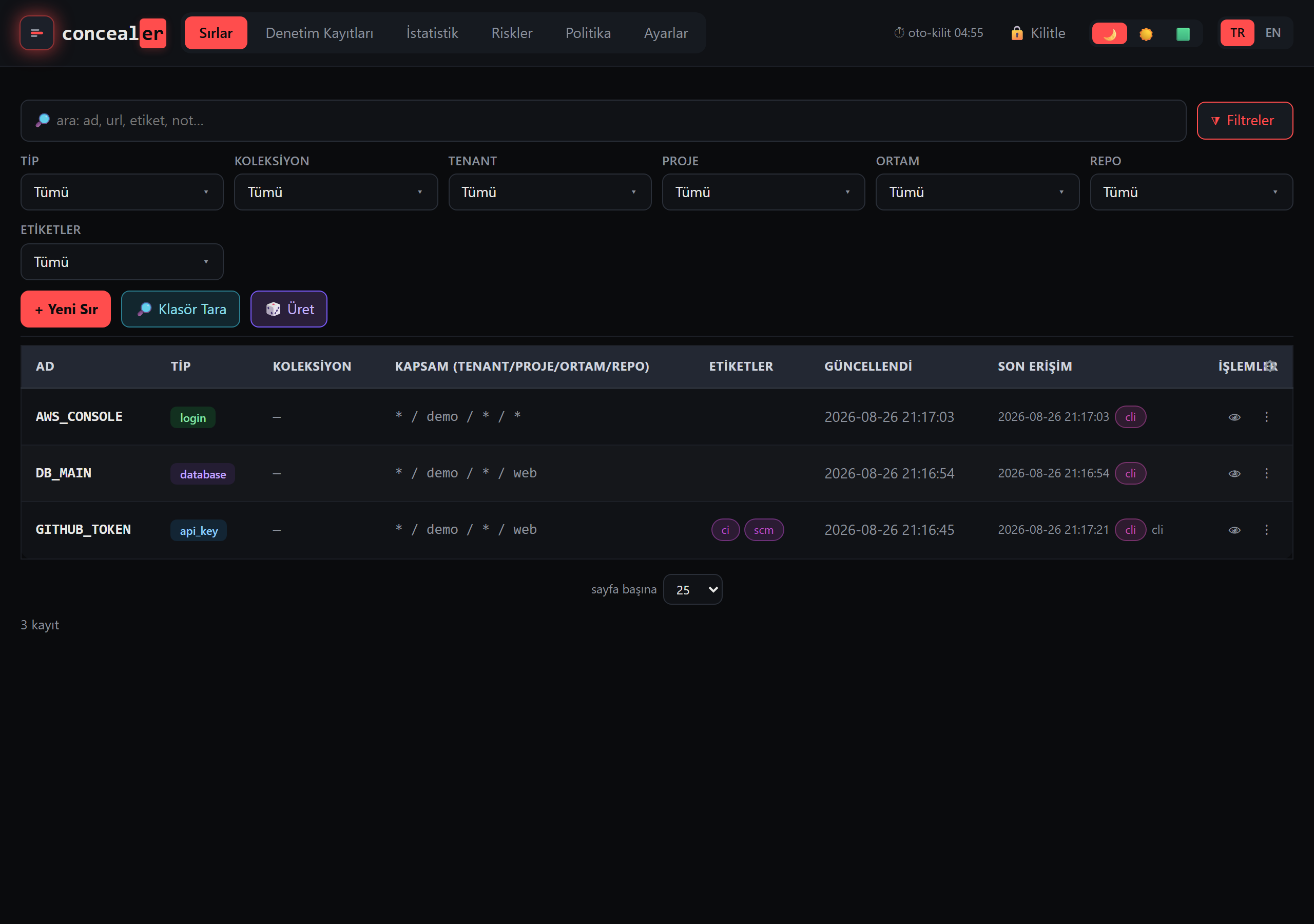 concealer web UI on Windows — dashboard