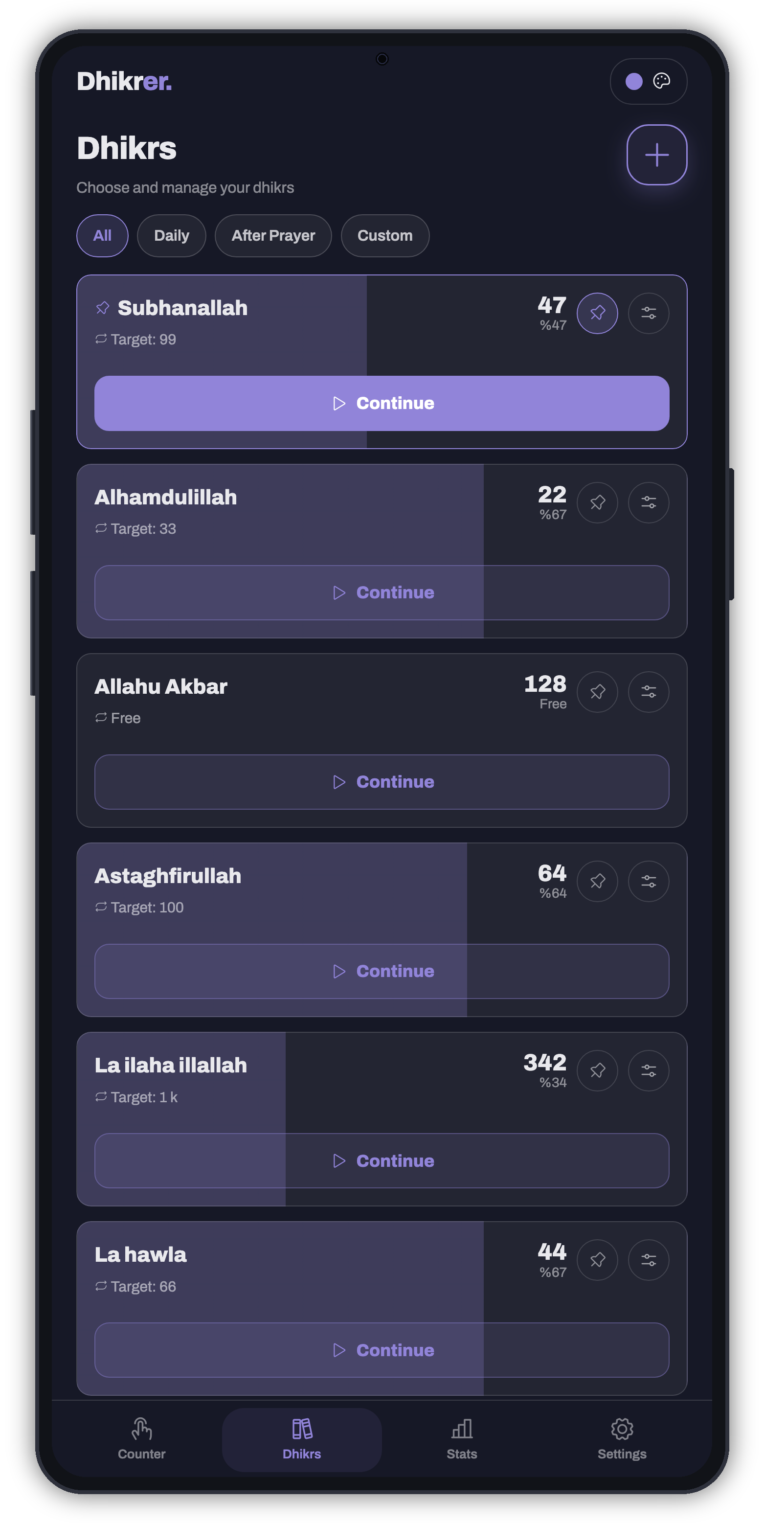 Dhikrer My Dhikrs list